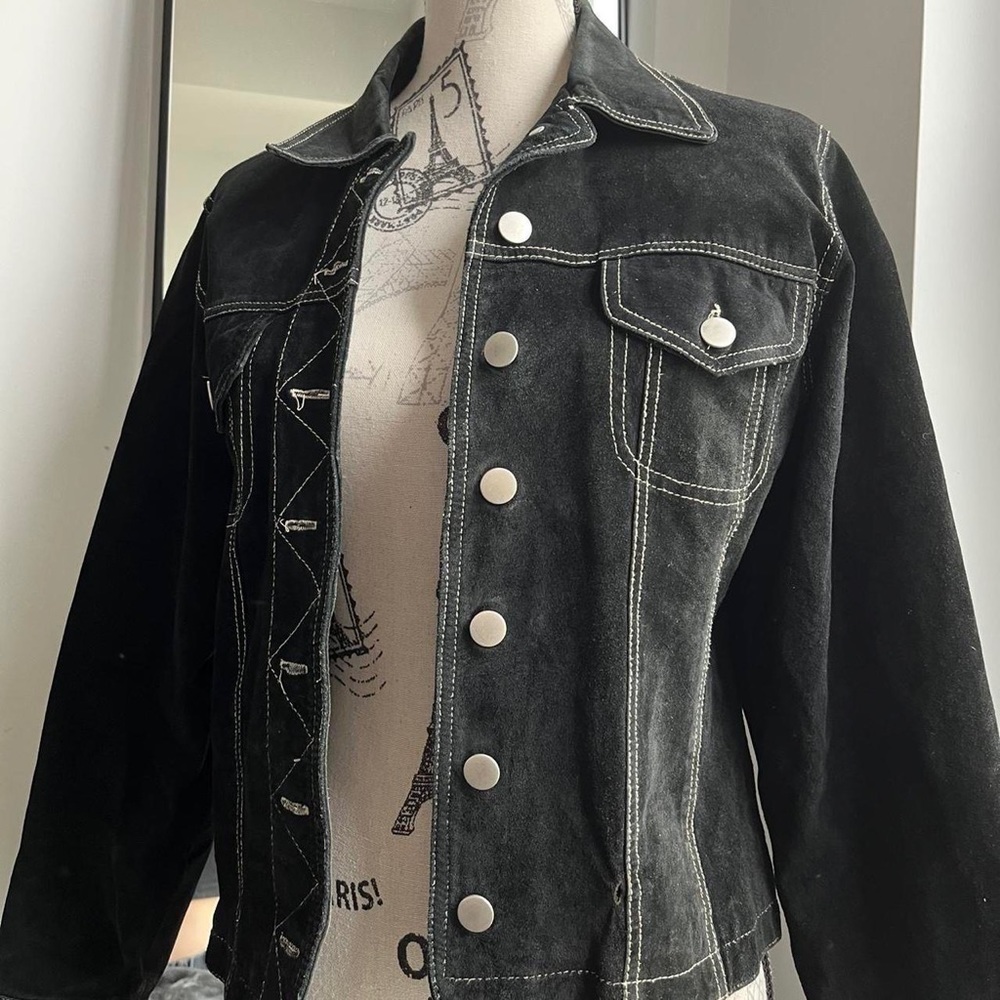 Black Suede Button-Front Jacket with Contrast Stitching
